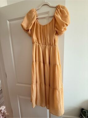 Astr Puff-Sleeve Tiered Dress - Mustard Yellow